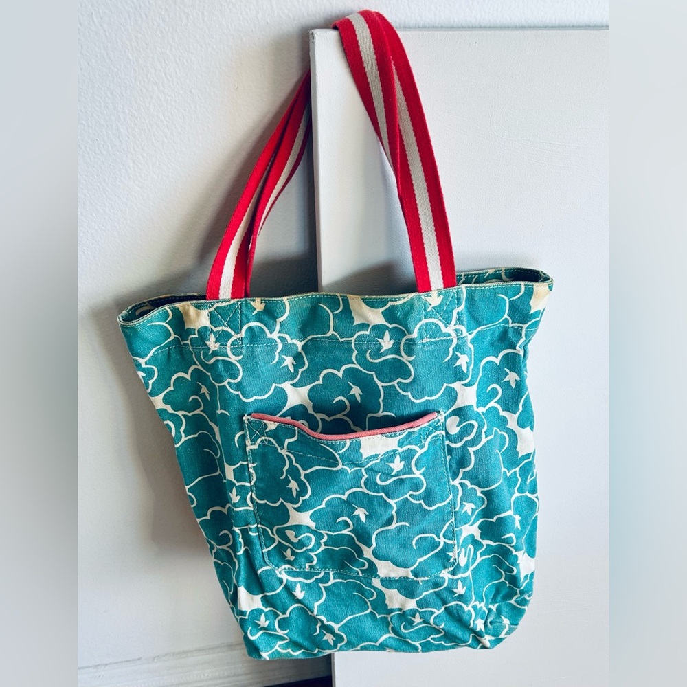 Floral Canvas Tote Bag with Red Straps